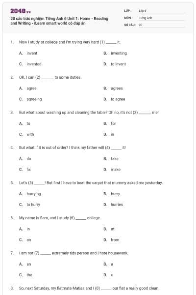 20 câu trắc nghiệm Tiếng Anh 6 Unit 1: Home - Reading and Writing - iLearn smart world có đáp án