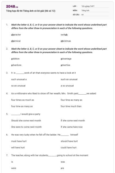 Tổng hợp đề thi Tiếng Anh có lời giải (Đề số 12)