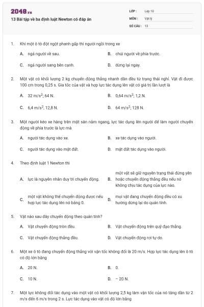 13 Bài tập về ba định luật Newton có đáp án