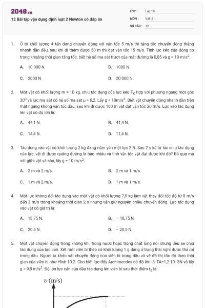 12 Bài tập vận dụng định luật 2 Newton có đáp án