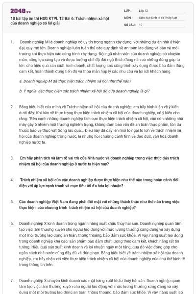 10 bài tập ôn thi HSG KTPL 12 Bài 6: Trách nhiệm xã hội của doanh nghiệp có lời giải
