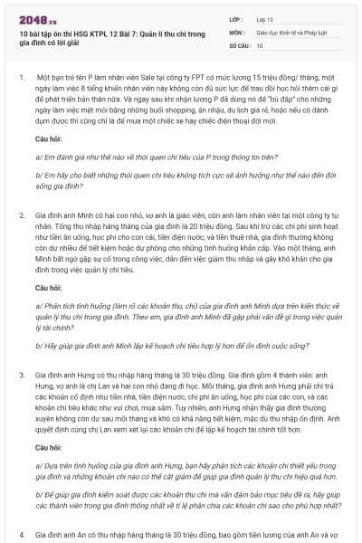 10 bài tập ôn thi HSG KTPL 12 Bài 7: Quản lí thu chi trong gia đình có lời giải