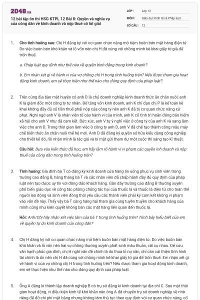 12 bài tập ôn thi HSG KTPL 12 Bài 8: Quyền và nghĩa vụ của công dân về kinh doanh và nộp thuế có lời giải