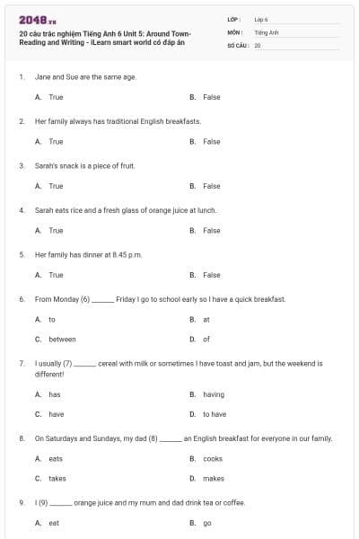 20 câu trắc nghiệm Tiếng Anh 6 Unit 5: Around Town- Reading and Writing - iLearn smart world có đáp án