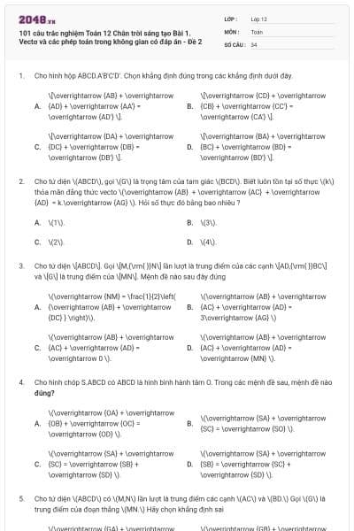 101 câu trắc nghiệm Toán 12 Chân trời sáng tạo Bài 1. Vectơ và các phép toán trong không gian có đáp án - Đề 2