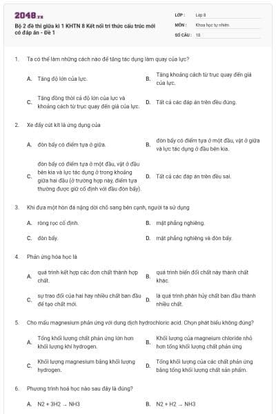 Bộ 2 đề thi giữa kì 1 KHTN 8 Kết nối tri thức cấu trúc mới có đáp án - Đề 1