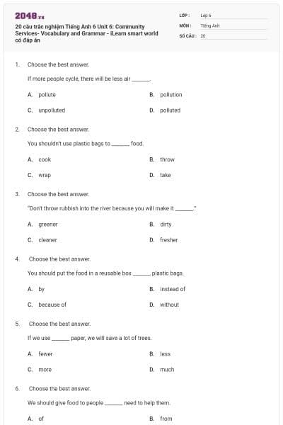 20 câu trắc nghiệm Tiếng Anh 6 Unit 6: Community Services- Vocabulary and Grammar - iLearn smart world có đáp án