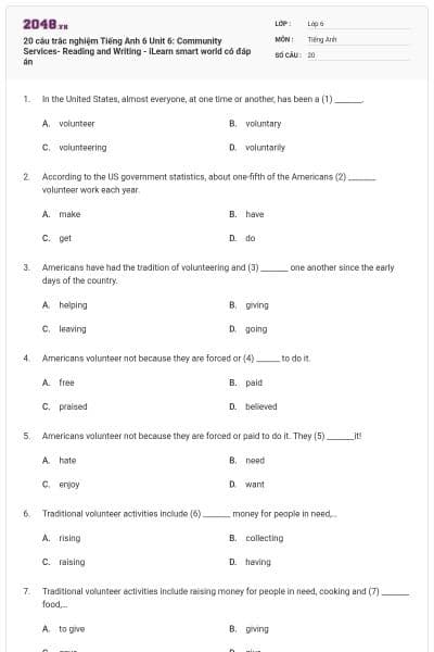 20 câu trắc nghiệm Tiếng Anh 6 Unit 6: Community Services- Reading and Writing - iLearn smart world có đáp án