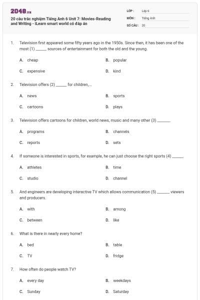 20 câu trắc nghiệm Tiếng Anh 6 Unit 7: Movies-Reading and Writing - iLearn smart world có đáp án