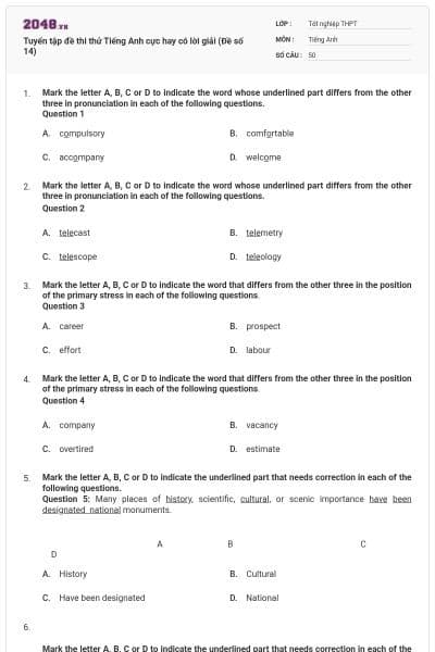 Tuyển tập đề thi thử Tiếng Anh cực hay có lời giải (Đề số 14)