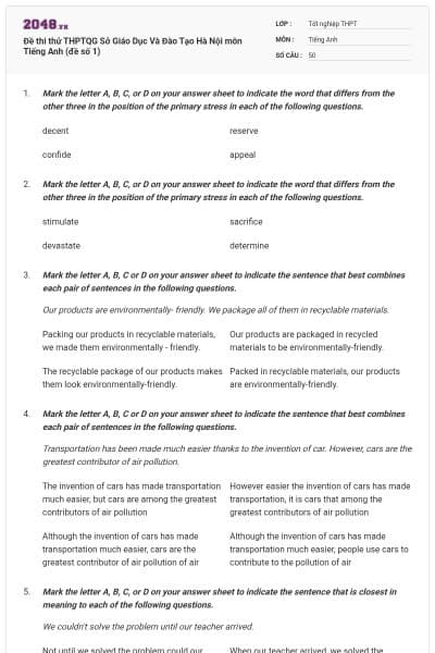 Đề thi thử THPTQG Sở Giáo Dục Và Đào Tạo Hà Nội môn Tiếng Anh (đề số 1)