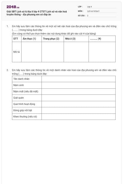 Giải SBT Lịch sử & Địa lí lớp 4 CTST Lịch sử và văn hoá truyền thống - địa phương em có đáp án