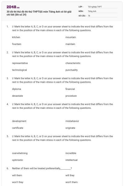 30 đề thi thử đề thi thử THPTQG môn Tiếng Anh có lời giải chi tiết (Đề số 24)