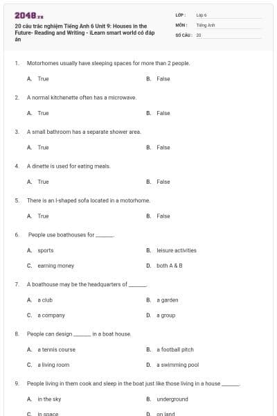 20 câu trắc nghiệm Tiếng Anh 6 Unit 9: Houses in the Future- Reading and Writing - iLearn smart world có đáp án