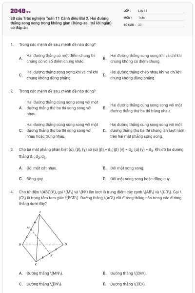20 câu Trắc nghiệm Toán 11 Cánh diều Bài 2. Hai đường thẳng song song trong không gian (Đúng-sai, trả lời ngắn) có đáp án