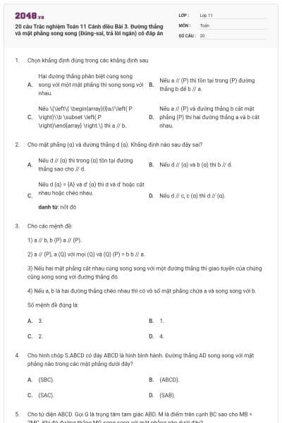 20 câu Trắc nghiệm Toán 11 Cánh diều Bài 3. Đường thẳng và mặt phẳng song song (Đúng-sai, trả lời ngắn) có đáp án