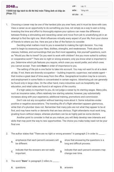 15000 bài tập tách từ đề thi thử môn Tiếng Anh có đáp án (Phần 77)