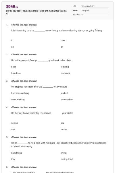 Đề thi thử THPT Quốc Gia môn Tiếng anh năm 2020 (Đề số 9)