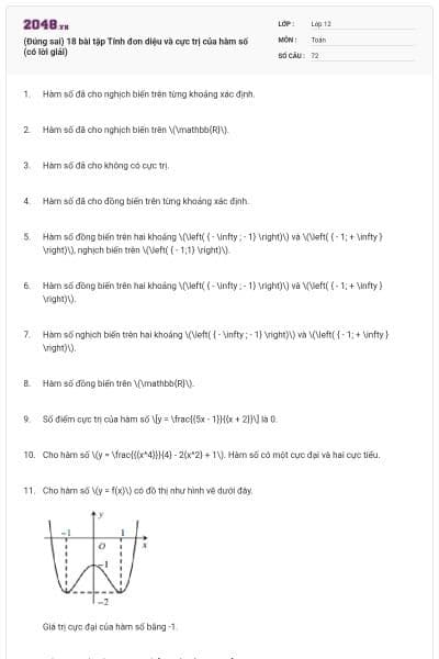 (Đúng sai) 18 bài tập Tính đơn diệu và cực trị của hàm số (có lời giải)