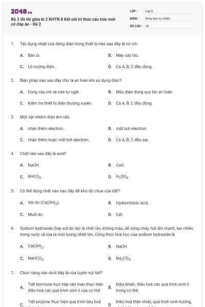 Bộ 2 đề thi giữa kì 2 KHTN 8 Kết nối tri thức cấu trúc mới có đáp án - Đề 2