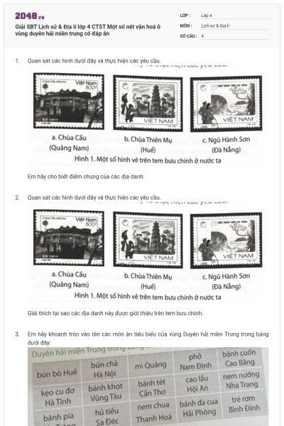 Giải SBT Lịch sử & Địa lí lớp 4 CTST Một số nét văn hoá ở vùng duyên hải miền trung có đáp án