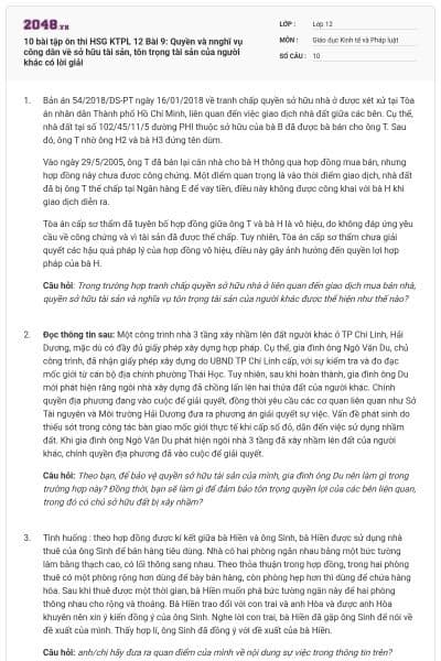 10 bài tập ôn thi HSG KTPL 12 Bài 9: Quyền và nnghĩ vụ công dân về sở hữu tài sản, tôn trọng tài sản của người khác có lời giải