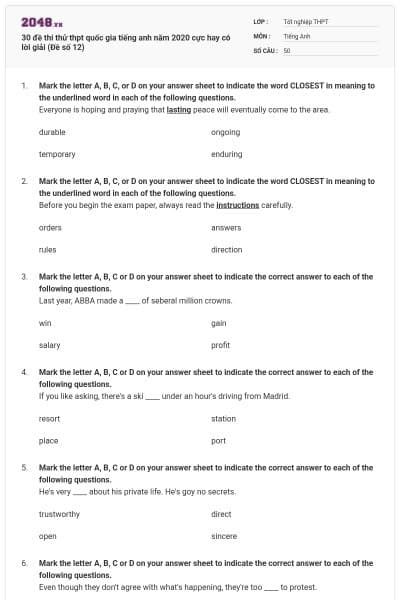 30 đề thi thử thpt quốc gia tiếng anh năm 2020 cực hay có lời giải (Đề số 12)