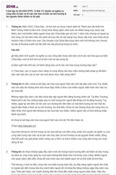 6 bài tập ôn thi HSG KTPL 12 Bài 13: Quyền và nghĩa vụ công dân về bảo vệ di sản văn hóa và bảo vệ môi trường & tài nguyên thiên nhiên có lời giải