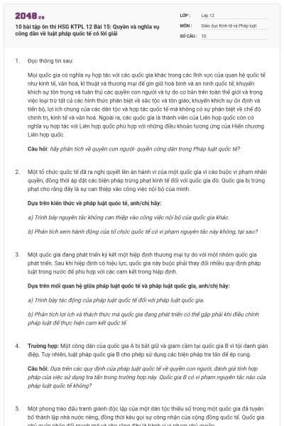 10 bài tập ôn thi HSG KTPL 12 Bài 15: Quyền và nghĩa vụ công dân về luật pháp quốc tế có lời giải