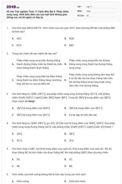 20 câu Trắc nghiệm Toán 11 Cánh diều Bài 6. Phép chiếu song song. Hình biểu diễn của của một hình không gian (Đúng-sai, trả lời ngắn) có đáp án