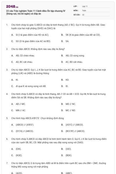 22 câu Trắc nghiệm Toán 11 Cánh diều Ôn tập chương IV (Đúng-sai, trả lời ngắn) có đáp án