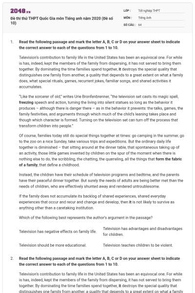 Đề thi thử THPT Quốc Gia môn Tiếng anh năm 2020 (Đề số 10)