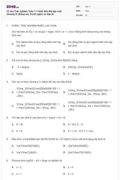 22 câu Trắc nghiệm Toán 11 Cánh diều Bài tập cuối chương VI (Đúng-sai, trả lời ngắn) có đáp án