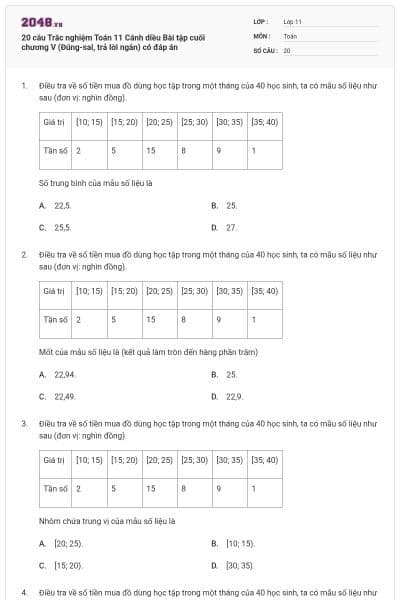 20 câu Trắc nghiệm Toán 11 Cánh diều Bài tập cuối chương V (Đúng-sai, trả lời ngắn) có đáp án