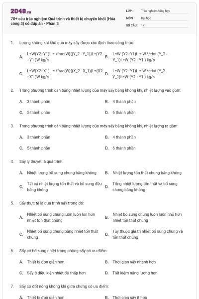 70+ câu trắc nghiệm Quá trình và thiết bị chuyển khối (Hóa công 3) có đáp án - Phần 3