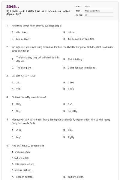 Bộ 2 đề thi học kì 2 KHTN 8 Kết nối tri thức cấu trúc mới có đáp án - Đề 2
