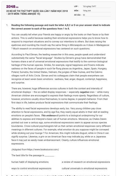 20 BỘ ĐỀ THI THỬ THPT QUỐC GIA LẦN 1 NĂM HỌC 2018 - 2019 MÔN: TIẾNG ANH(ĐỀ 15)