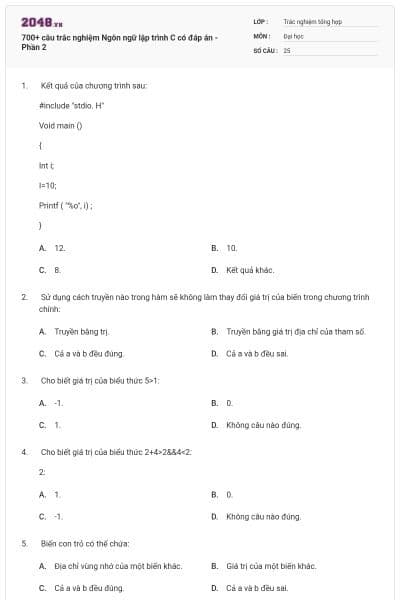 700+ câu trắc nghiệm Ngôn ngữ lập trình C có đáp án - Phần 2