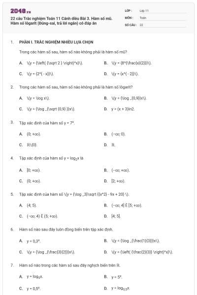 22 câu Trắc nghiệm Toán 11 Cánh diều Bài 3. Hàm số mũ. Hàm số lôgarit (Đúng-sai, trả lời ngắn) có đáp án
