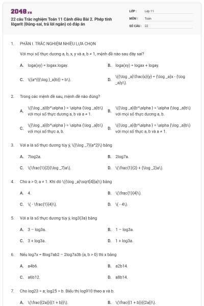 22 câu Trắc nghiệm Toán 11 Cánh diều Bài 2. Phép tính lôgarit (Đúng-sai, trả lời ngắn) có đáp án