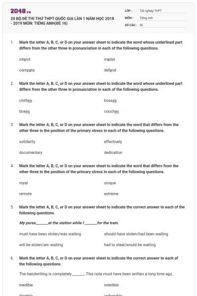 20 BỘ ĐỀ THI THỬ THPT QUỐC GIA LẦN 1 NĂM HỌC 2018 - 2019 MÔN: TIẾNG ANH(ĐỀ 16)