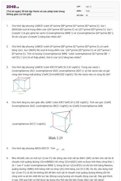 (Trả lời ngắn) 30 bài tập Vectơ và các phép toán trong không gian (có lời giải)