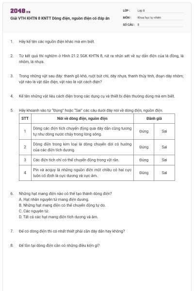 Giải VTH KHTN 8 KNTT Dòng điện, nguồn điện có đáp án
