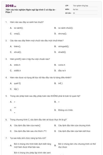 700+ câu trắc nghiệm Ngôn ngữ lập trình C có đáp án - Phần 7