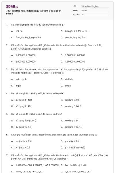700+ câu trắc nghiệm Ngôn ngữ lập trình C có đáp án - Phần 8