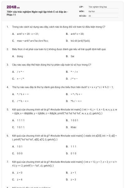 700+ câu trắc nghiệm Ngôn ngữ lập trình C có đáp án - Phần 11