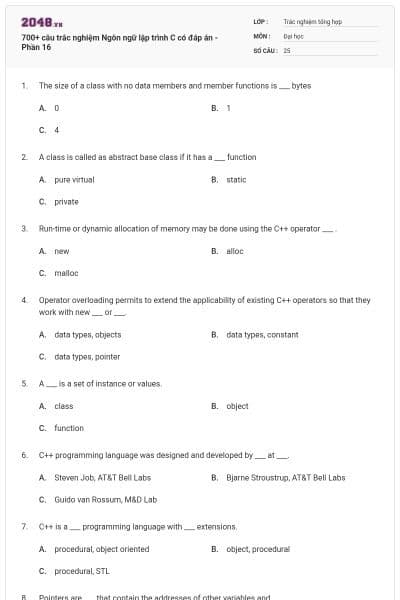 700+ câu trắc nghiệm Ngôn ngữ lập trình C có đáp án - Phần 16