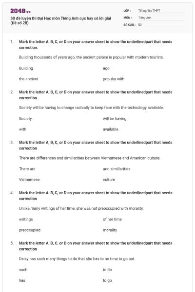 30 đề luyện thi Đại Học môn Tiếng Anh cực hay có lời giải (Đề số 28)