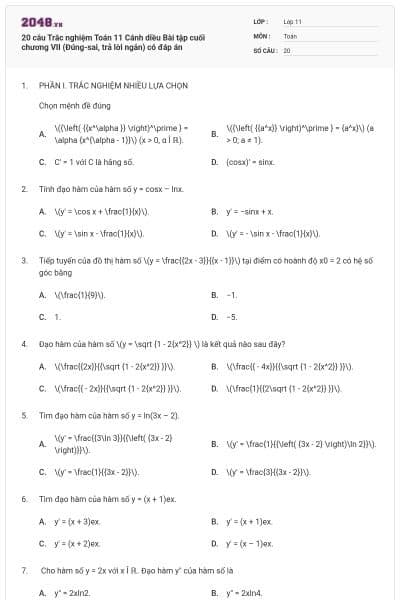 20 câu Trắc nghiệm Toán 11 Cánh diều Bài tập cuối chương VII (Đúng-sai, trả lời ngắn) có đáp án