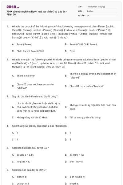 700+ câu trắc nghiệm Ngôn ngữ lập trình C có đáp án - Phần 20